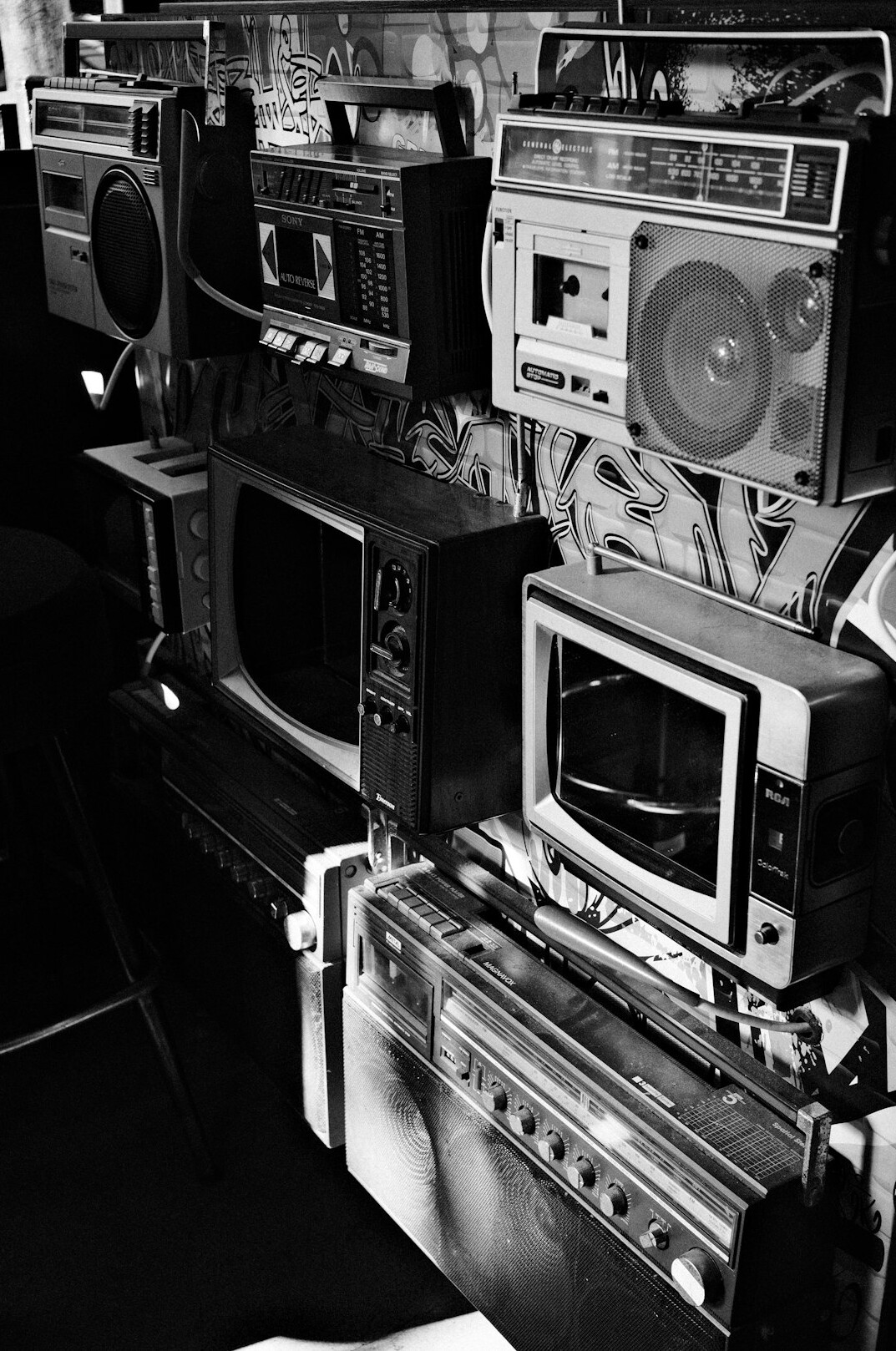 Retro television studio control room with vintage broadcasting monitors